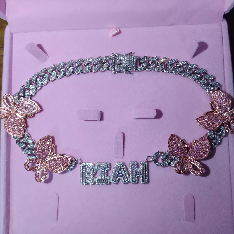  Baguette Block Bling Butterfly Cuban Link Name Necklace/choker