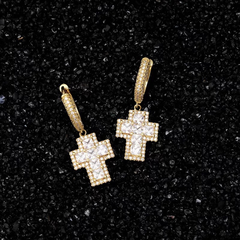  5A Cz diamond Hoop Dangle Cross Earrings