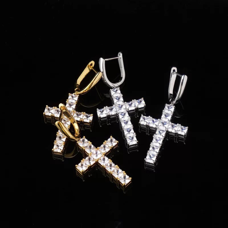  5A Cz diamond Hoop Dangle Cross Earrings