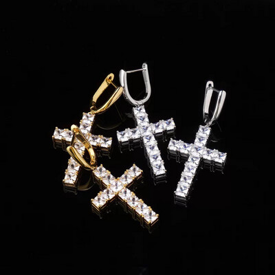  5A Cz diamond Hoop Dangle Cross Earrings