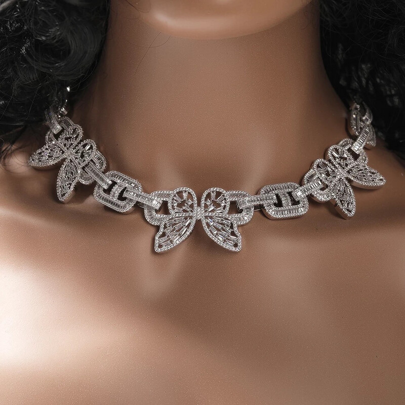  Icy Platinum Baguette Butterfly Cuban Link Necklace/choker