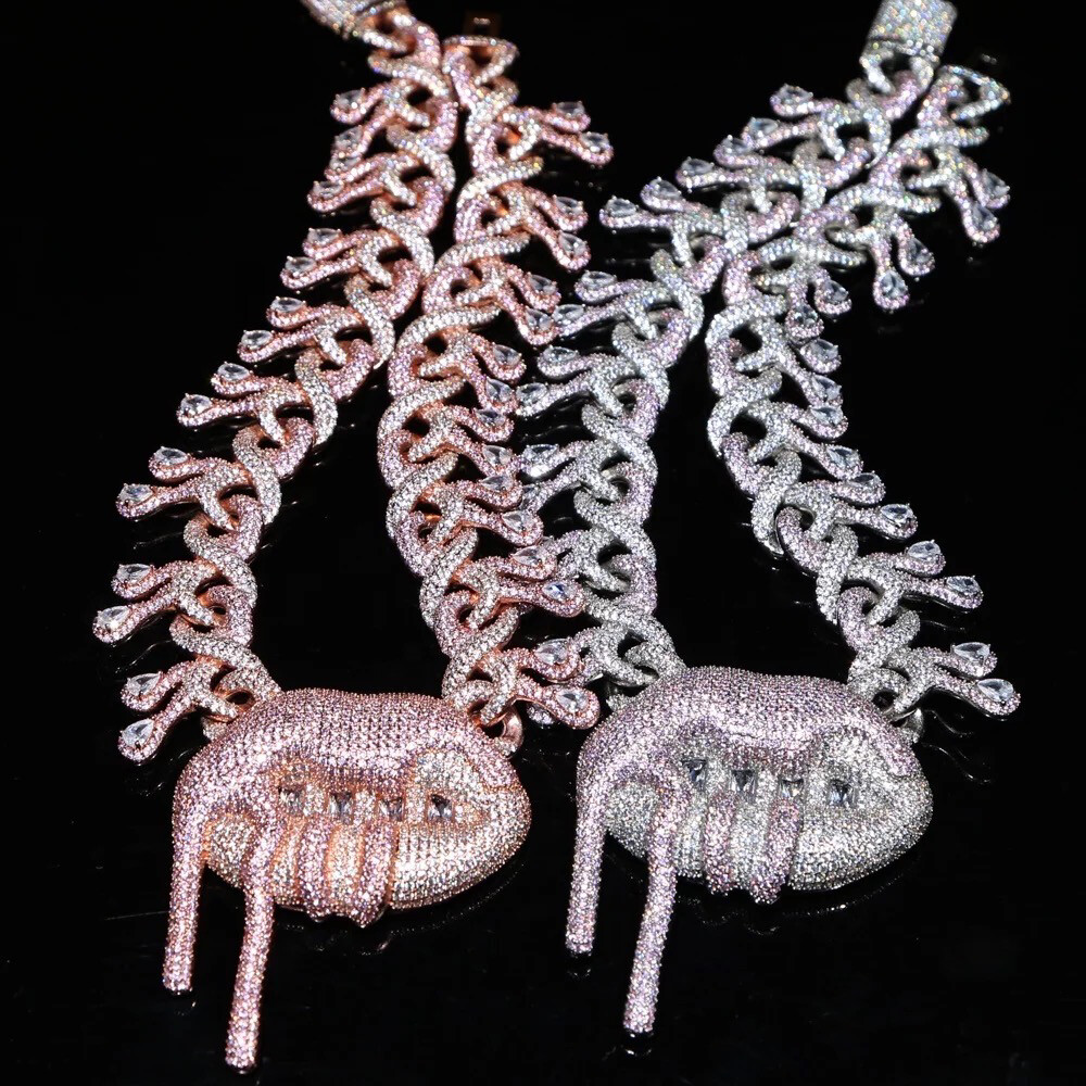  5A CZ Icy Drip Lips Luxury Cuban Link Necklace 