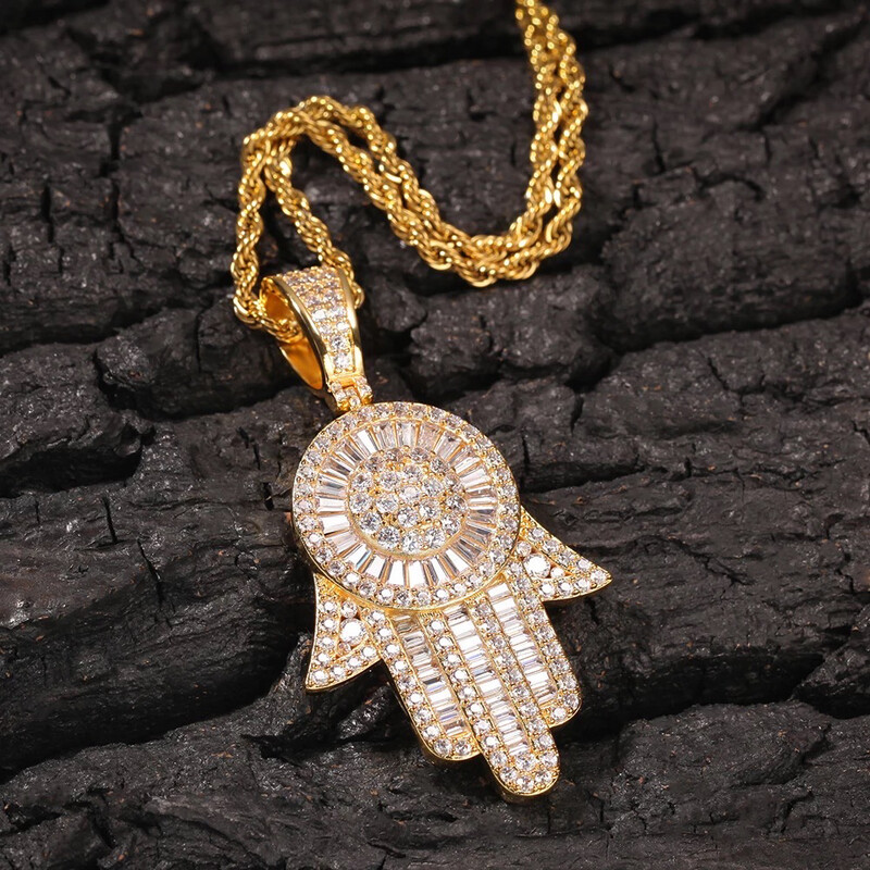 14k 5A Baguette CZ Bling Big Hamsa Hand Necklace