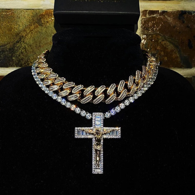 14k 5A Baguette CZ Bling Iced Out Cross Jesus Necklace