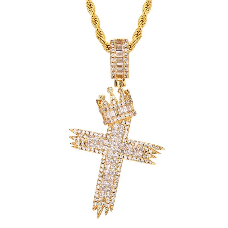 14k 5A Baguette CZ Bling Iced Out Cross Necklace