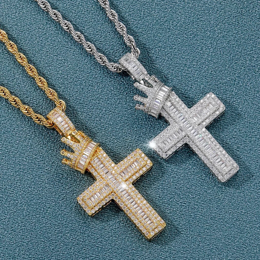 14k 5A Baguette CZ Bling Big Cross Crown Necklace