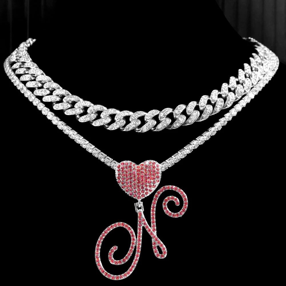 Platinum Pink Single Letter Heart Bling Cuban Link & Tennis Necklace Set