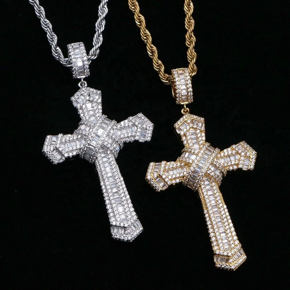 14k 5A Baguette CZ Bling Iced Out Crossed Cross Necklace