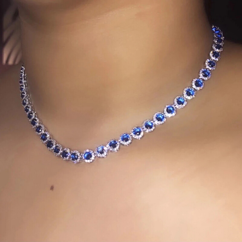 5A Blue Sapphire Platinum Tennis Chain Necklace 