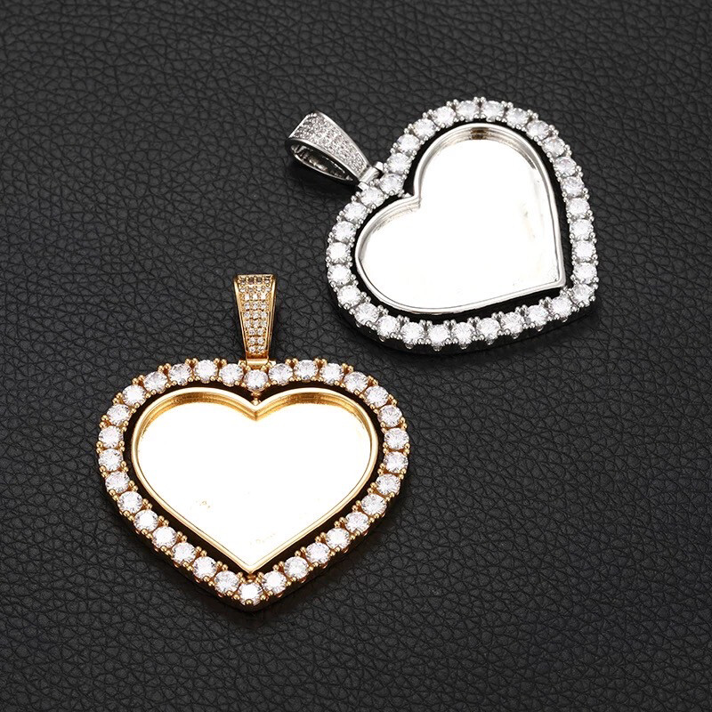 High Quality Double Sided Heart Photo Necklace/ Non Tarnish  hypoallergenic W/ Cz diamonds