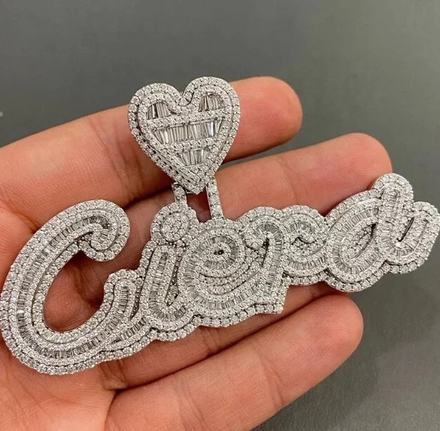VVS Moissanite Diamond Luxury Gold Iced Out Name & Baguette Heart Necklace (Customize)