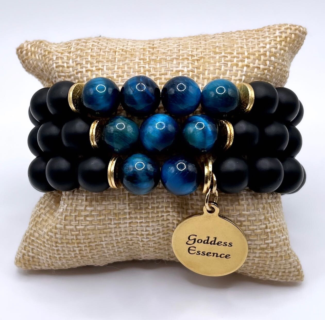 Premium Light Blue Tigers Eye & Onyx 18k Gold Bracelet Stack Set For Prosperity 