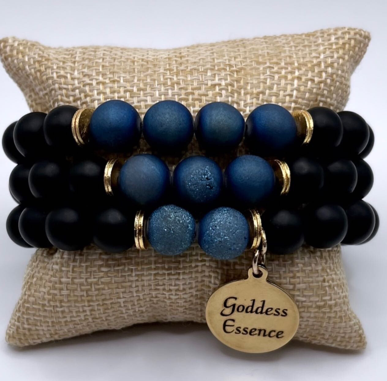 Premium Light Blue Druzy Agate & Onyx 18k Gold Bracelet Stack Set For Prosperity 