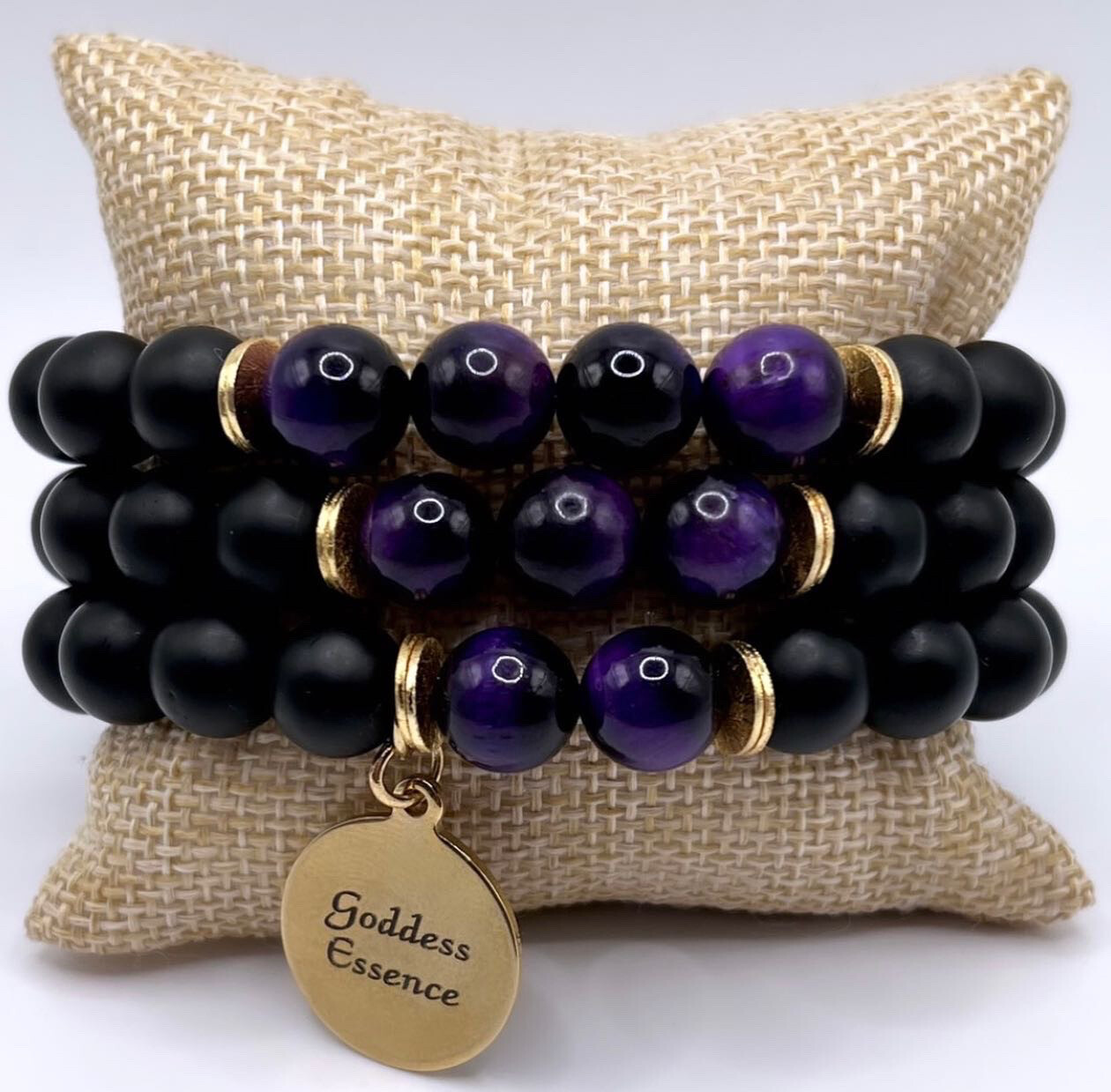Premium Purple Tigers Eye & Onyx 18k Gold Bracelet Stack Set For prosperity 