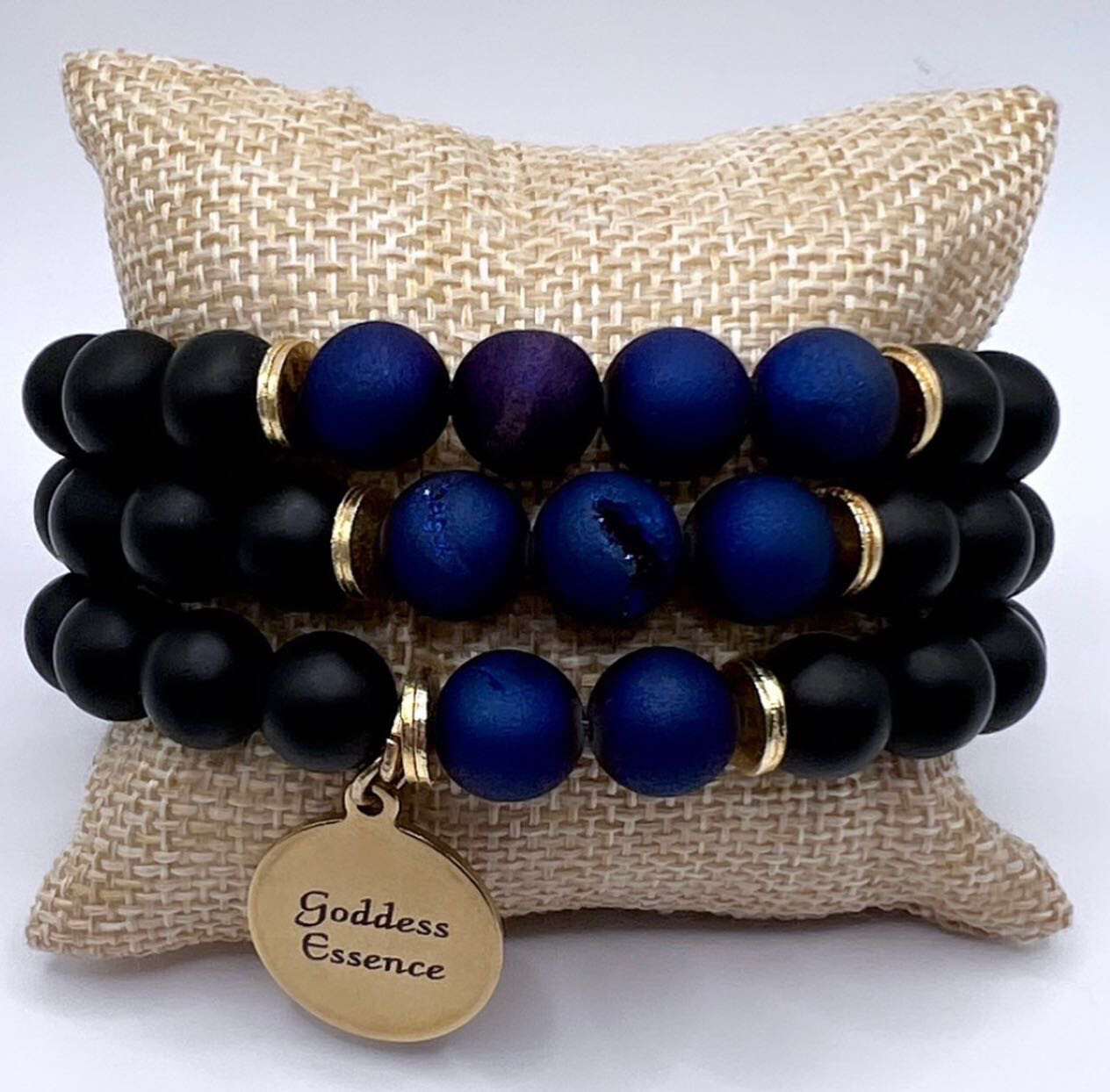 Premium Dark Blue Druzy Agate  & Onyx 18k Gold Bracelet Stack Set For Prosperity 