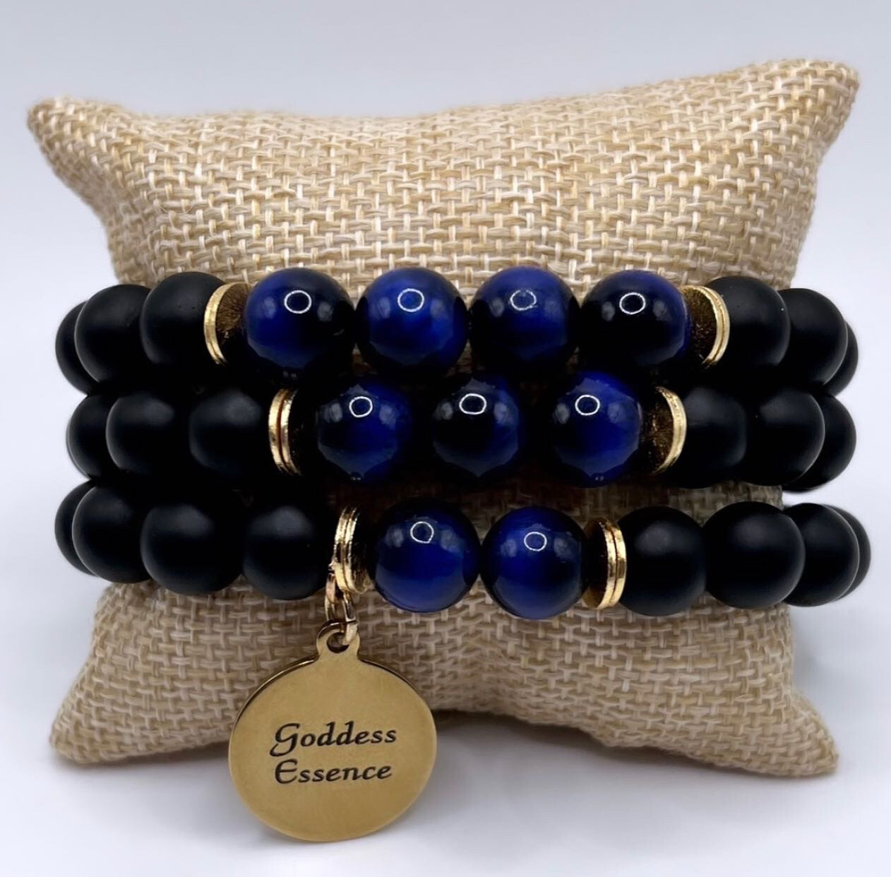 Premium Blue Tigers Eye & Onyx 18k Gold Bracelet Stack Set For Prosperity 