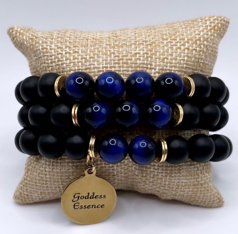 Premium Blue Tigers Eye & Onyx 18k Gold Bracelet Stack Set For Prosperity Premium Blue Tigers Eye & Onyx 18k Gold Bracelet Stack Set For Prosperity