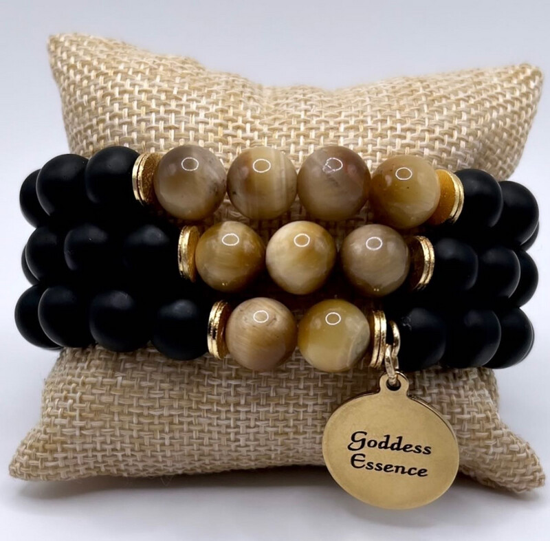 Premium Tigers Eye & Onyx 18k Gold Bracelet Stack Set For Prosperity Premium Tigers Eye & Onyx 18k Gold Bracelet Stack Set For Prosperity