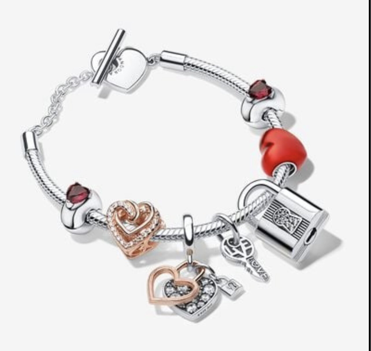 Silver & Rose Gold Heart Love Lock Charm Bracelet