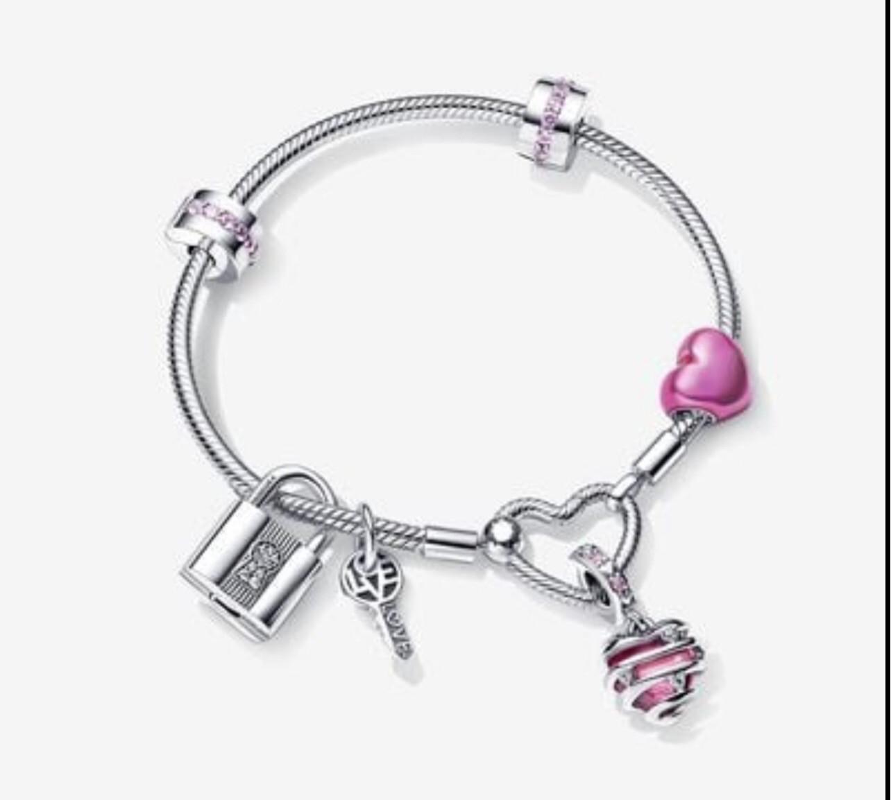Silver Heart Love Lock Charm Bracelet
