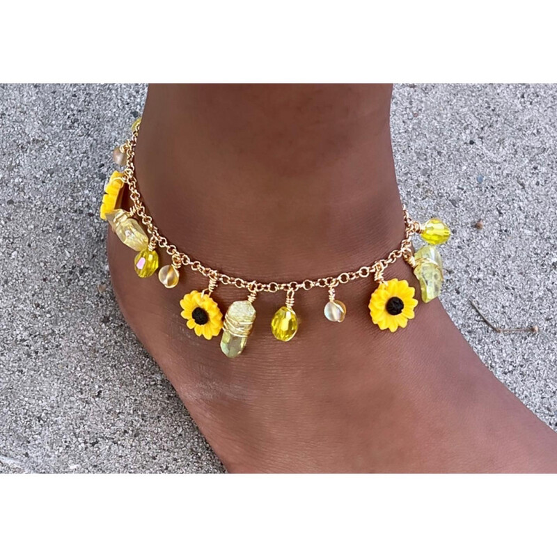 Sunny Days sunflower & crystals adjustable Anklet