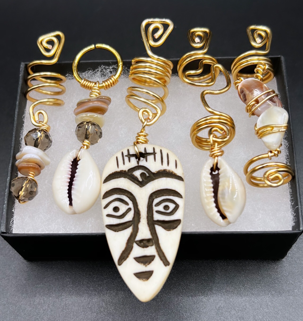 Tribal mask cowrie shell seashell Loc/Braid jewelry