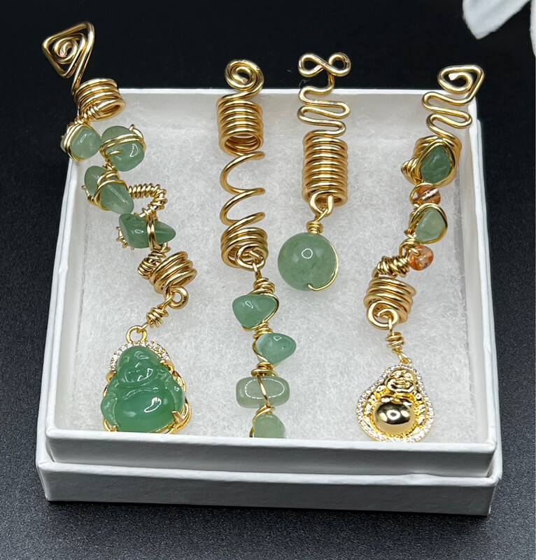 Wealth, Abundance, Good Fortune, Blessing Jade Buddha crystal Braid & Loc Jewelry set of 4