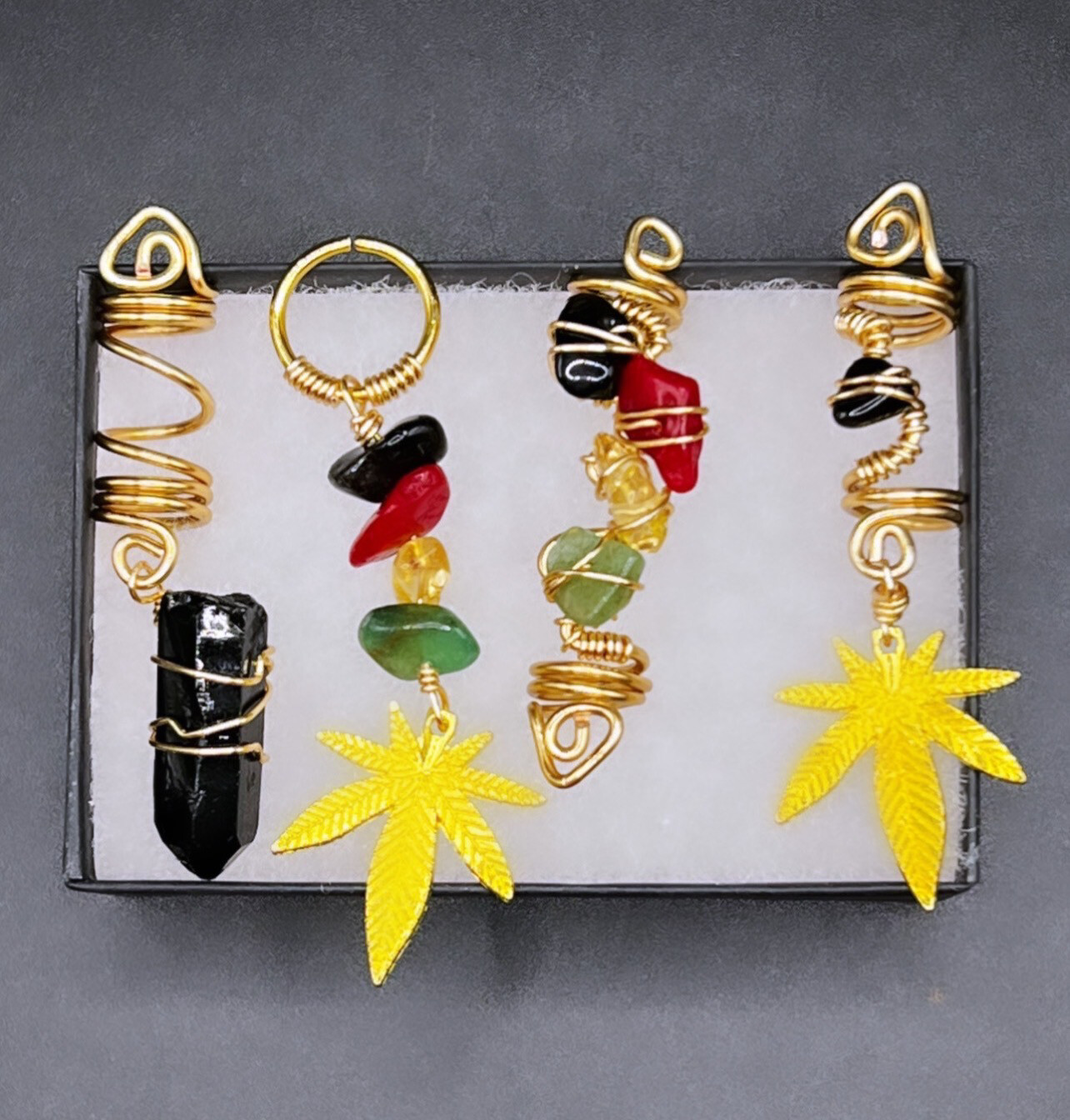 Rasta crystal Loc/Braid jewelry with marijuana weed charms Set Of 4 