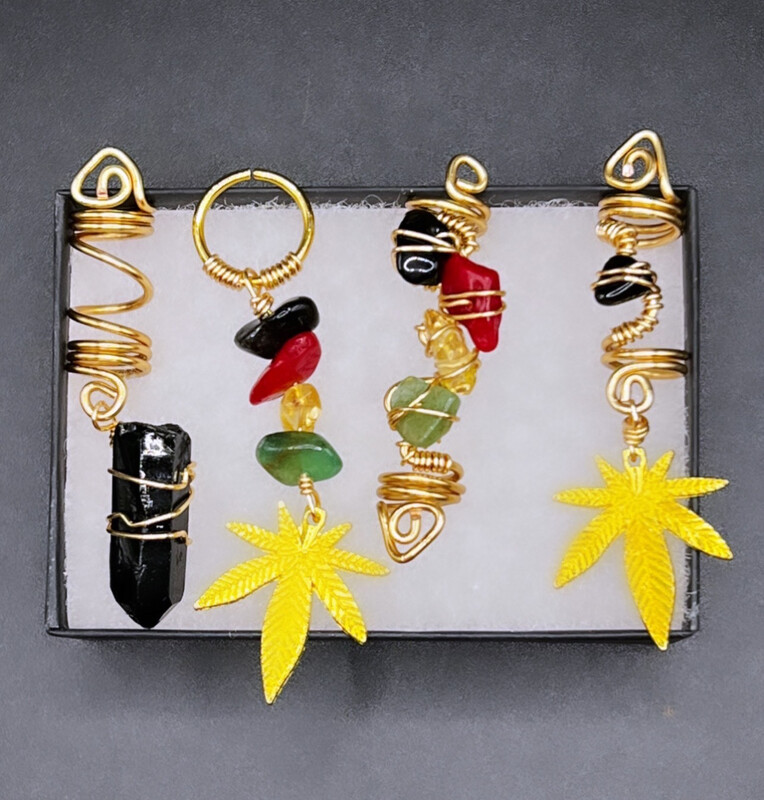 Rasta crystal Loc/Braid jewelry with marijuana weed charms Set Of 4 