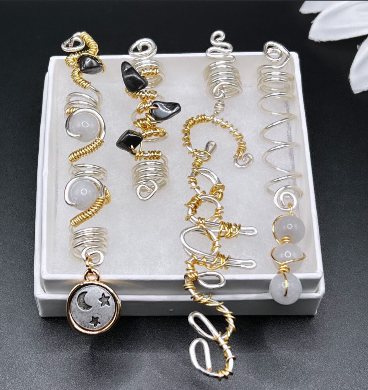 Free Mind goddess White Jade crystal Braid & Loc Jewelry set of 4