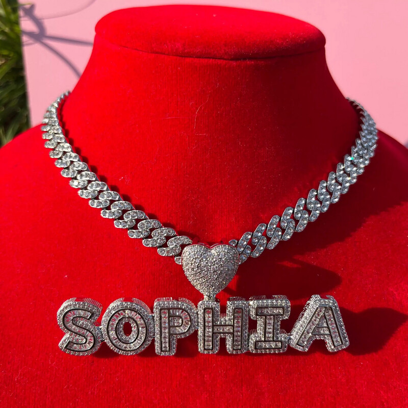  Icy Bling Heart Bail Baguette Letter Name Necklace (Customize)