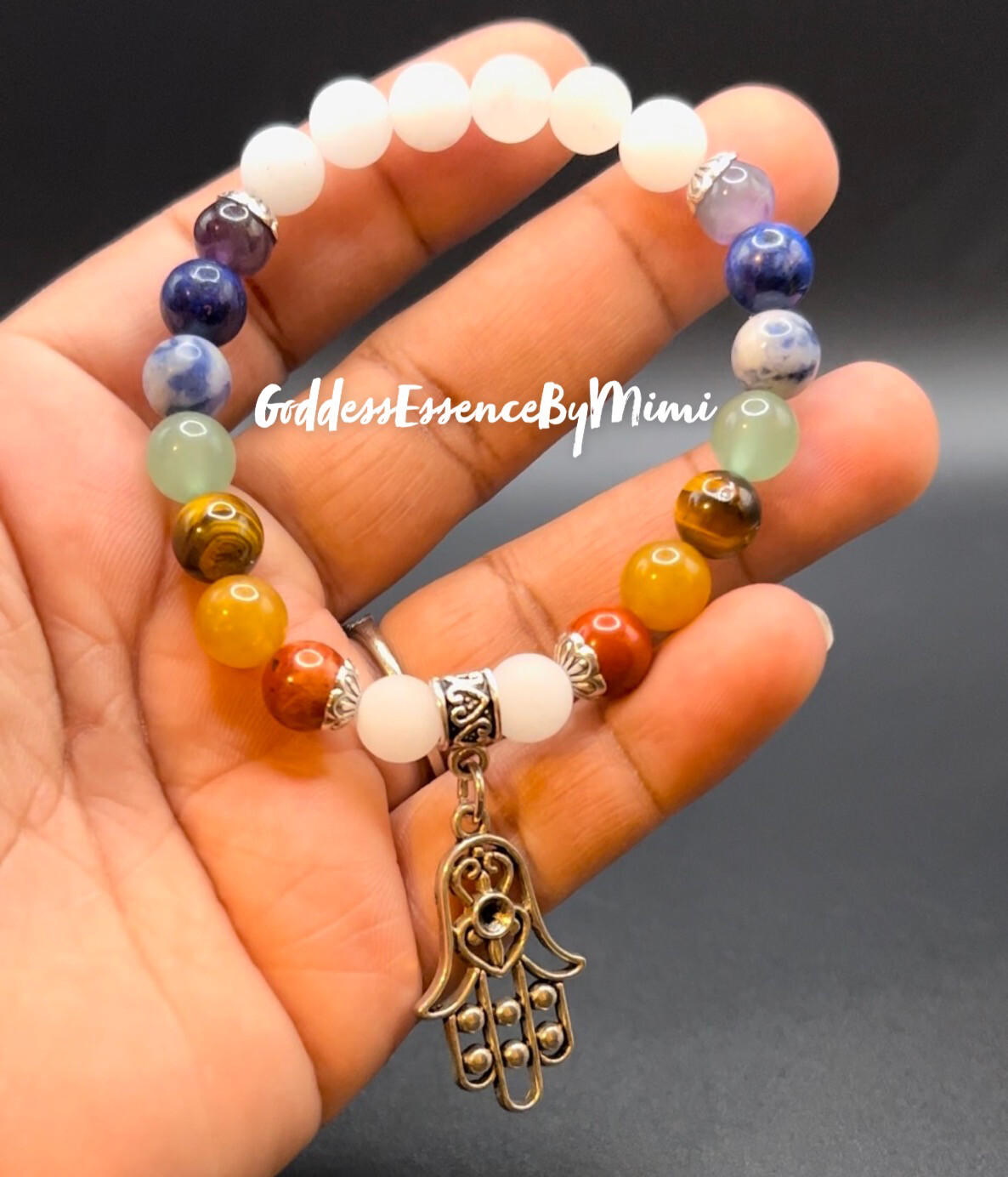 Chakra crystal gemstone Stretch Bracelet with Buddha hamsa charm