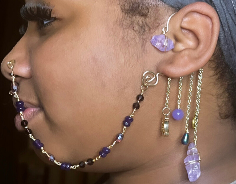 Amethyst, Purple Jasper, Quartz, Crystal Chain Nose Cuff Ear Cuff
