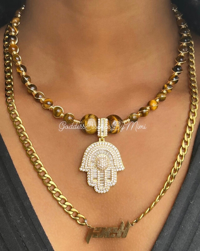 Adjustable Gold Iced Out Hamsa & Gemstone Choker