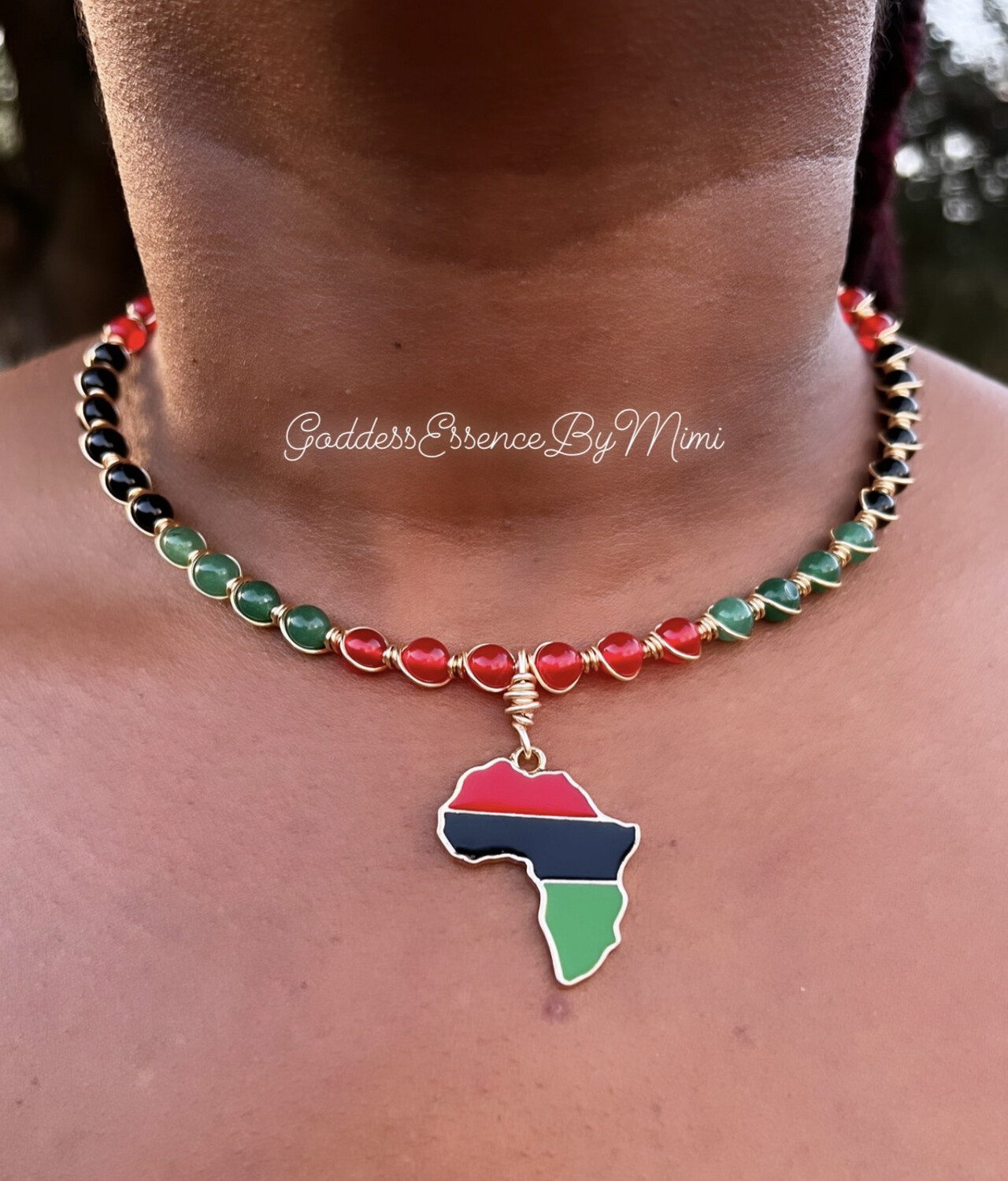 High Quality Adjustable Obsidian,  Green Aventurine, & Jade Africa Symbol Choker