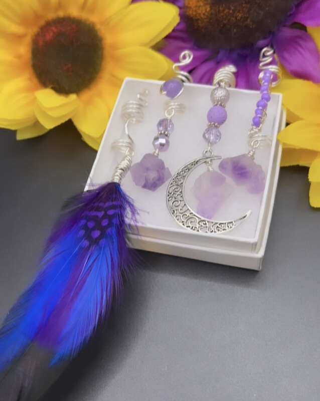 Raw Amethyst crystal Moon Feather Braid & Loc Jewelry set of 4