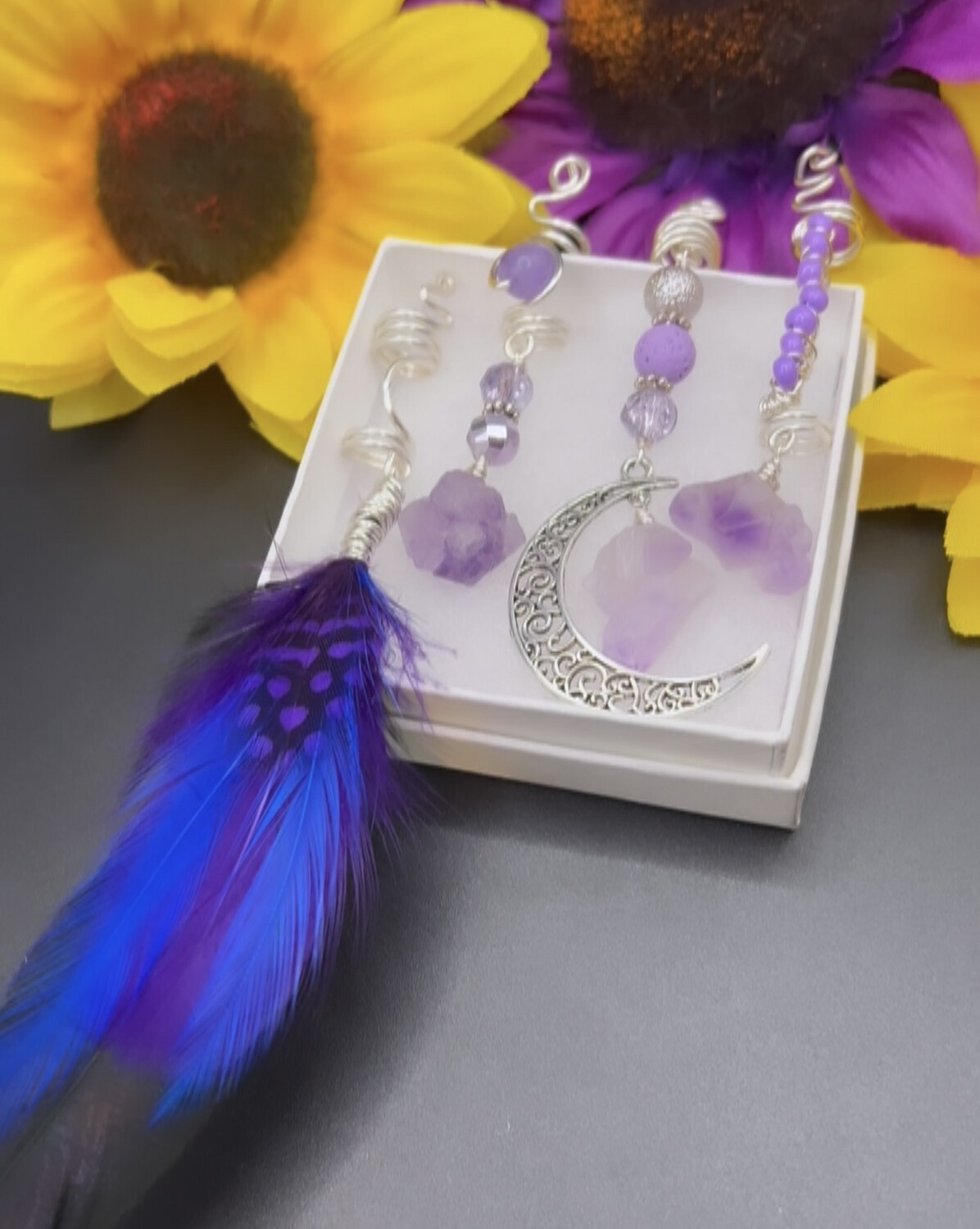 Raw Amethyst crystal Moon Feather Braid & Loc Jewelry set of 4