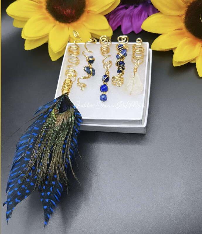 Lapis crystal Feather Loc/Braid jewelry set of 5
