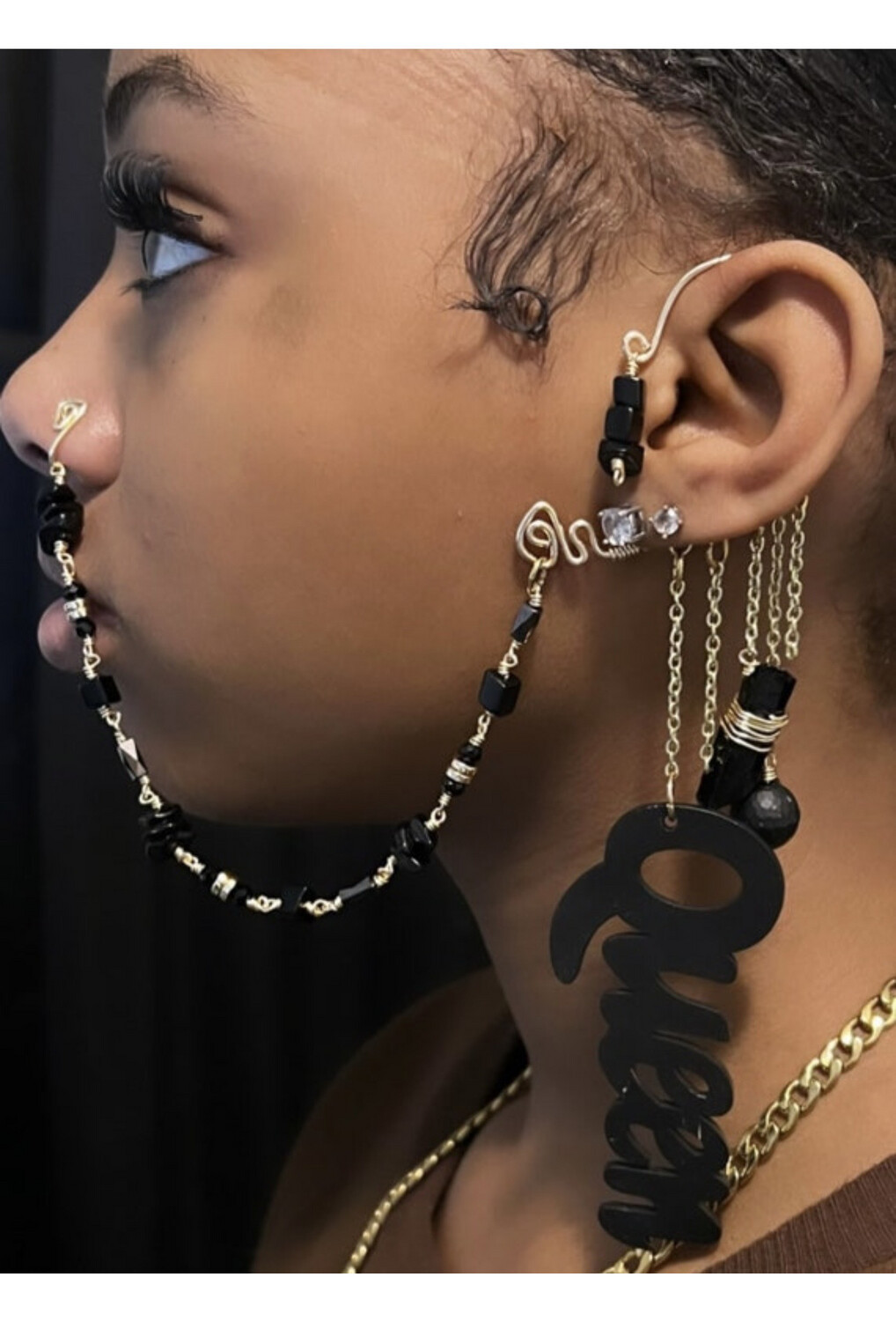 Obsidian, black colored Quartz, Queen Crystal Chain Nose Cuff Ear Cuff