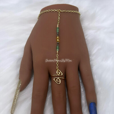 Dainty Minimal Money Attraction Jade, Citrine, & Pyrite Gemstone Ring Chain Bracelet