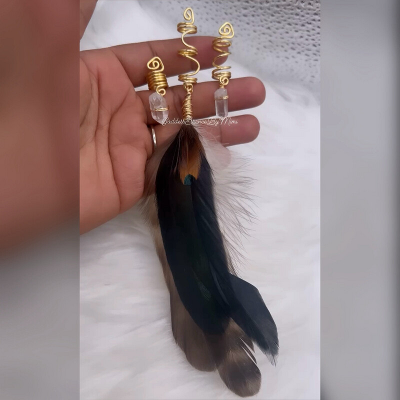 Feather and Quartz Crystal Loc and Braid Jewelry set of 3