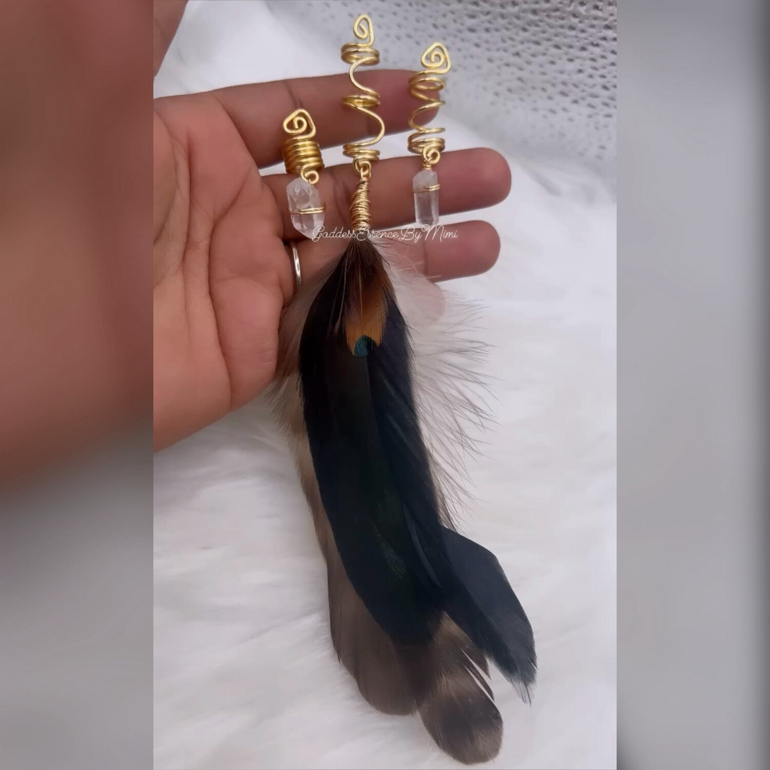 Feather and Quartz Crystal Loc and Braid Jewelry set of 3