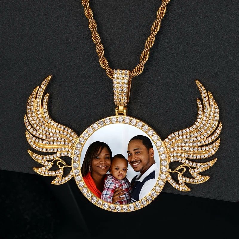 High Quality Angel Wing Photo Necklace/ Non Tarnish hypoallergenic W/ Cz diamonds