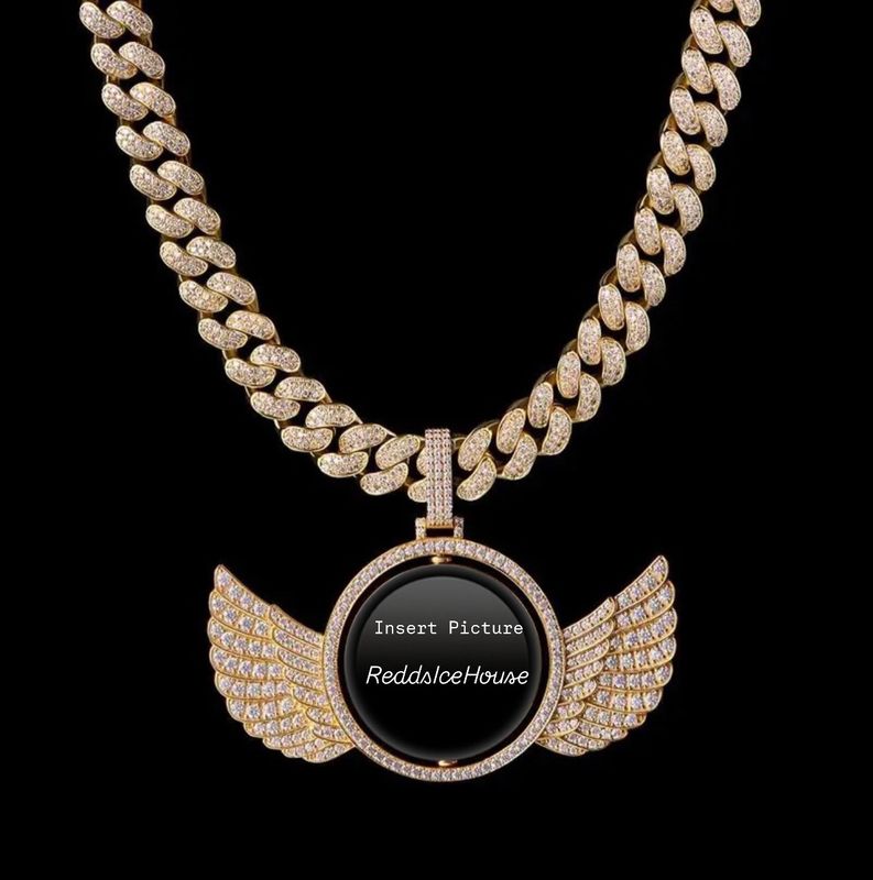 High Quality Double Sided Wing Photo Necklace/ Non Tarnish hypoallergenic W/ Cz diamonds