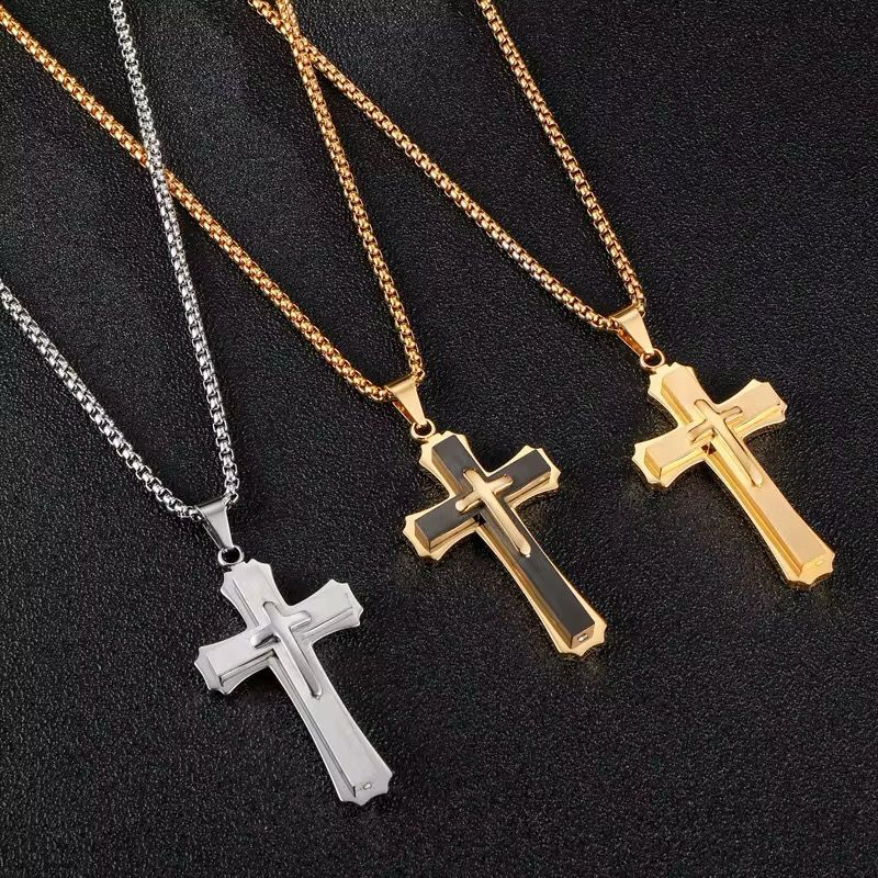 High Quality Hypoallergenic Non Tarnish Triple Lay Cross Necklace