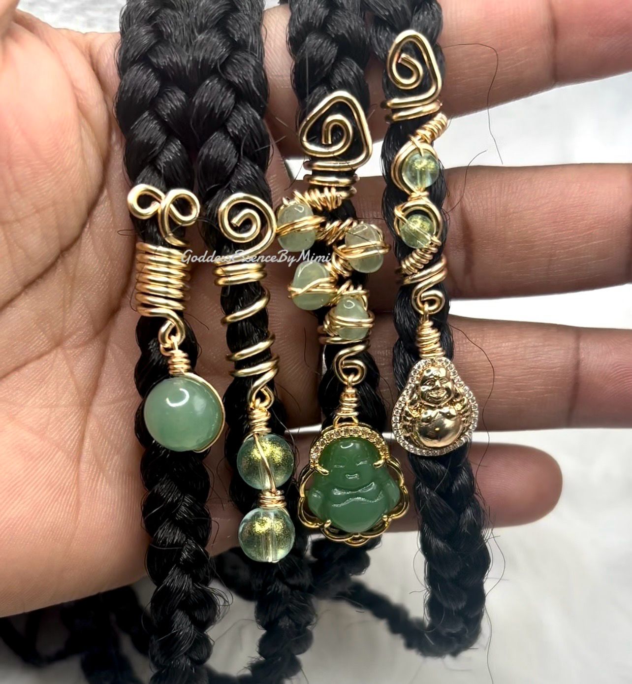 Wealth, Abundance, Good Fortune, Blessing Jade Buddha crystal Braid & Loc Jewelry set of 4