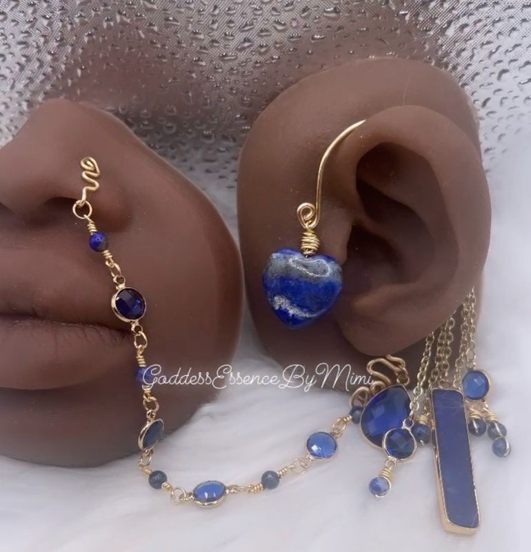 Rose Quartz, Lapis, Malachite ,black tourmaline, Crystal Chain Nose Cuff Ear Cuff