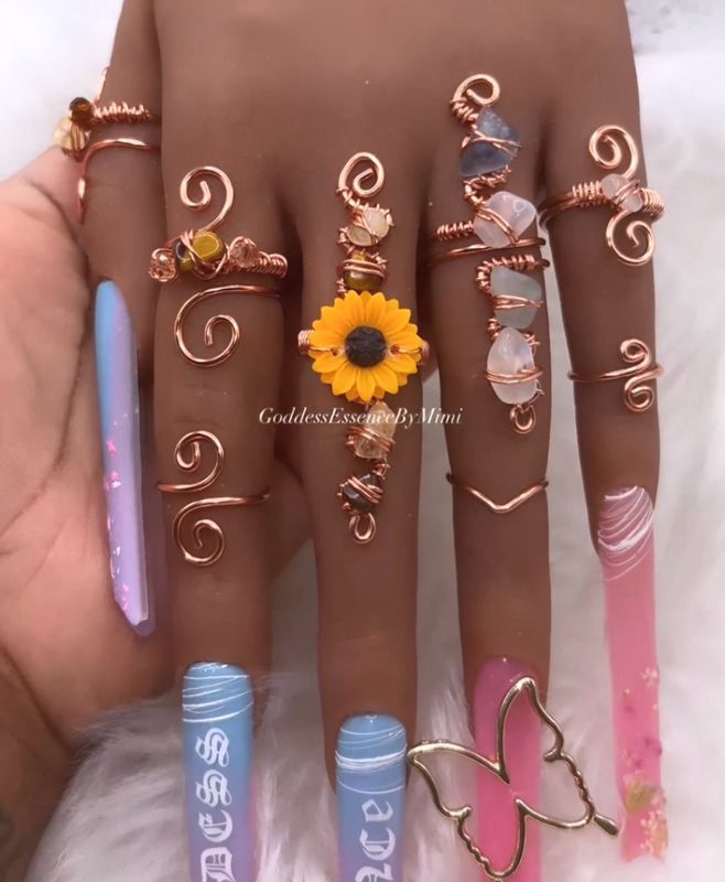 Sunflower Goddess Art 5 ring freestyle citrine & Moonstone Crystal Ring Set