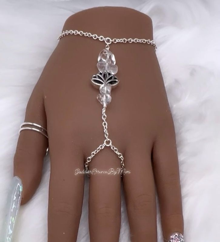 Gemstone Lotus Flower Ring Chain Bracelet
