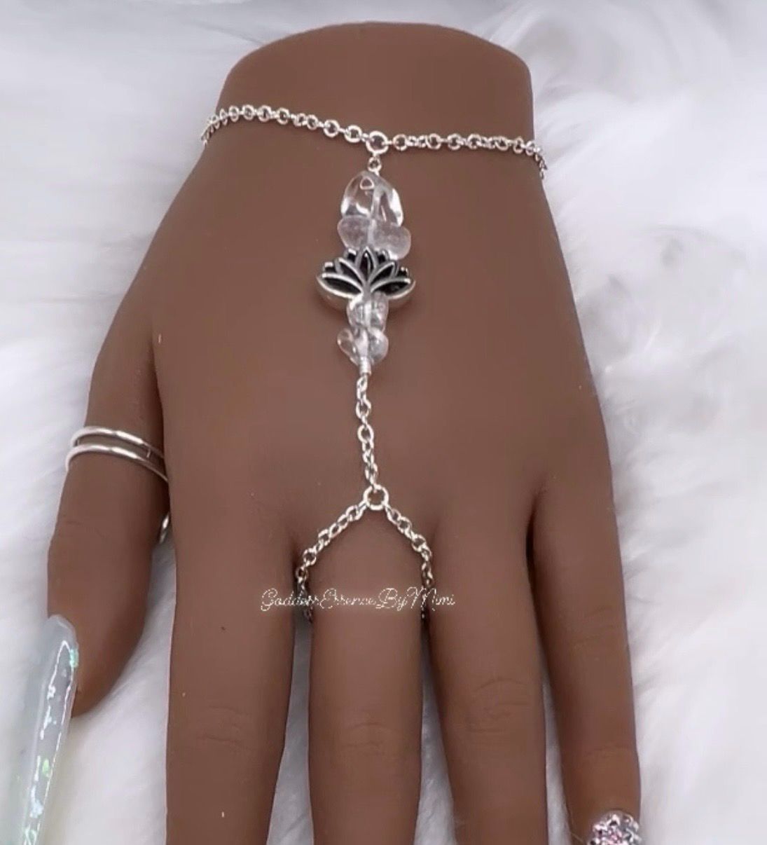 Gemstone Lotus Flower Ring Chain Bracelet
